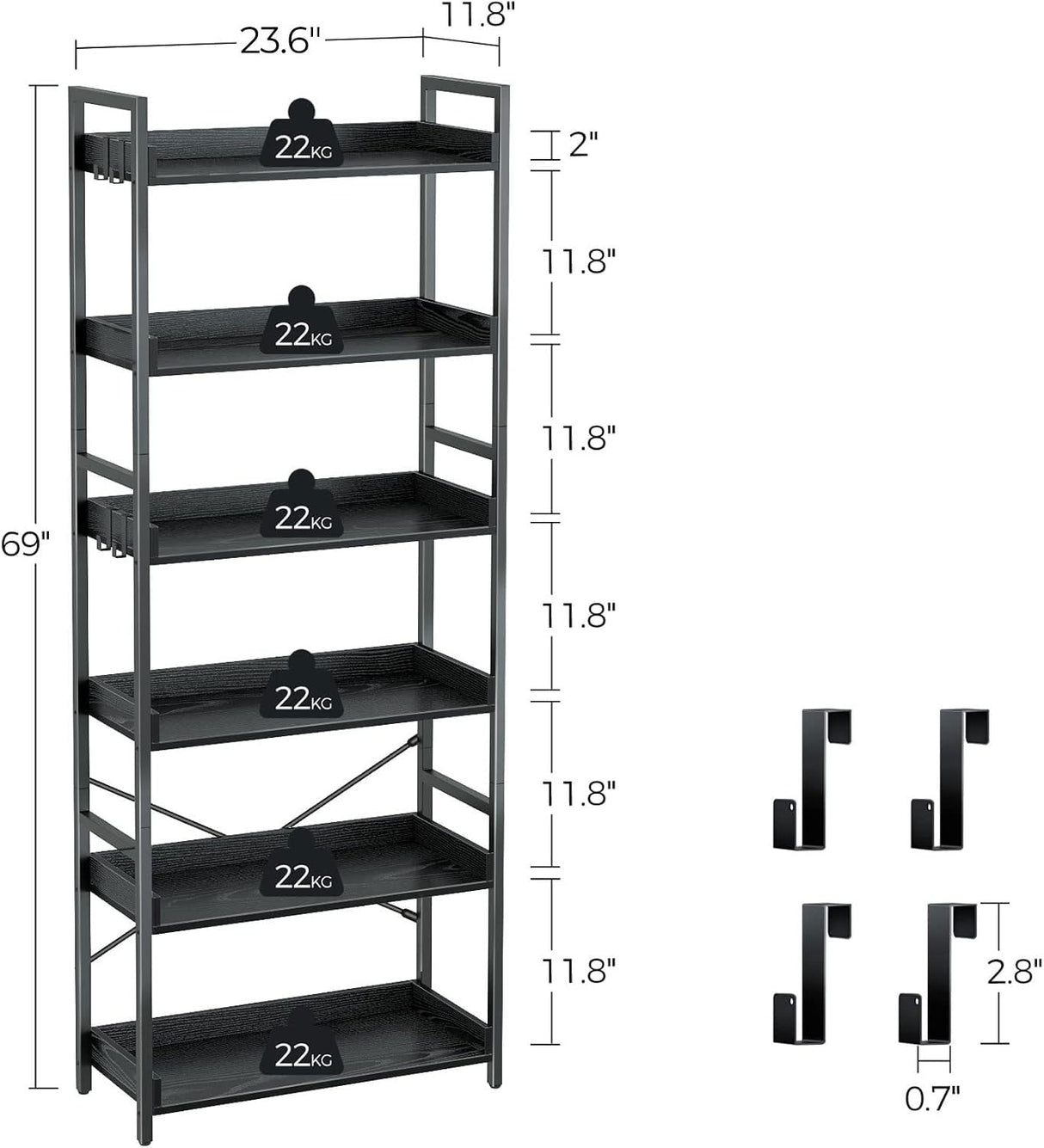 Rolanstar Bookshelf 6 Tier with 4 Hooks, Industrial Wood Bookcase, Vintage Storage Rack with Open Shelves, Rustic Standing Bookshelves Metal Frame Display Rack for Living Room, Bedroom, Black Rolanstar