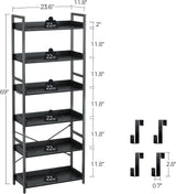 Rolanstar Bookshelf 6 Tier with 4 Hooks, Industrial Wood Bookcase, Vintage Storage Rack with Open Shelves, Rustic Standing Bookshelves Metal Frame Display Rack for Living Room, Bedroom, Black Rolanstar