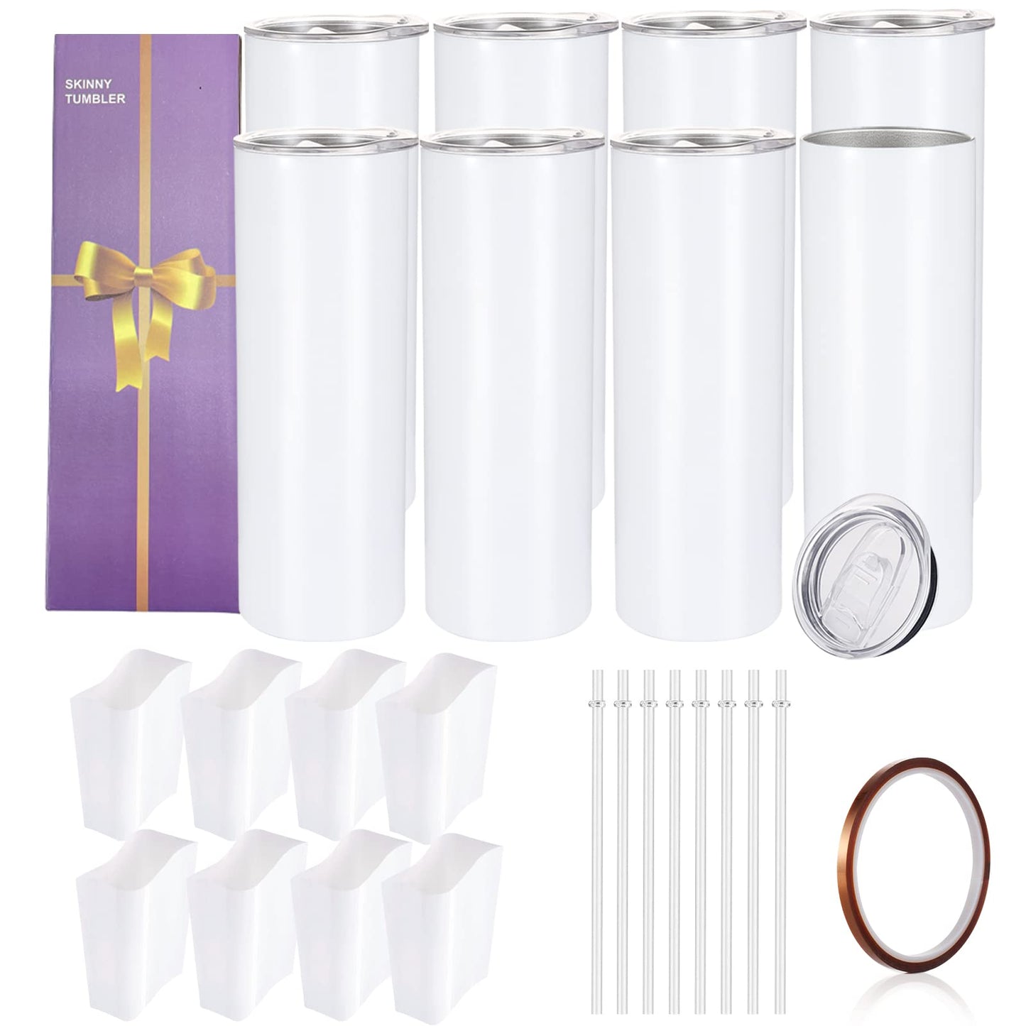 YOUKE OLA 8 Pack Sublimation Tumblers Bulk 20oz White Straight Blank Tumbler for Heat Transfer, Individual Gift Boxed, Stainless Steel Double Wall Insulated Cup with Shrink Wrap Sleeve, Heat Tape