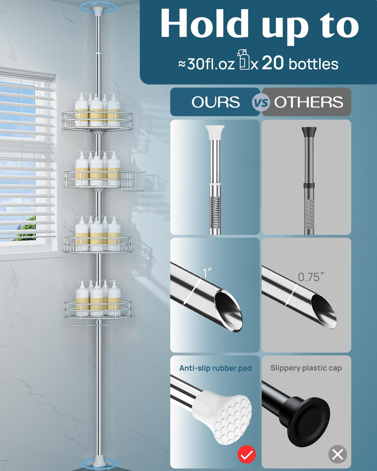 SEIRIONE Corner Shower Caddy Tension Pole, Quick Setup, Rust-Free Bathroom Shower Organizer Corner for Bathtub Shampoo Storage, 4-Tier Adjustable Shelf, Drill Free, Fits 34 to 116 Inch Height, Silver SEIRIONE