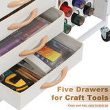 LUCKUP Organization and Storage Craft Table for Cricut Machines, Rolling Cart Cabinet with 28 Vinyl Roll Holders and 5 Drawers, Heat Press Stand Crafting Storage Cart with Hooks LUCKUP