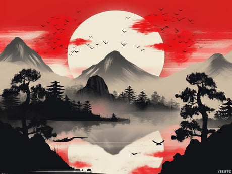 YEEIFFD Diamond Art Painting Kits for Adults Japanese Watercolor Black and Red Sun Asian Anime Mount Fuji Cherry Blossom Nature Landscape 5D DIY for Home Wall Decor 12x16 Inch YEEIFFD