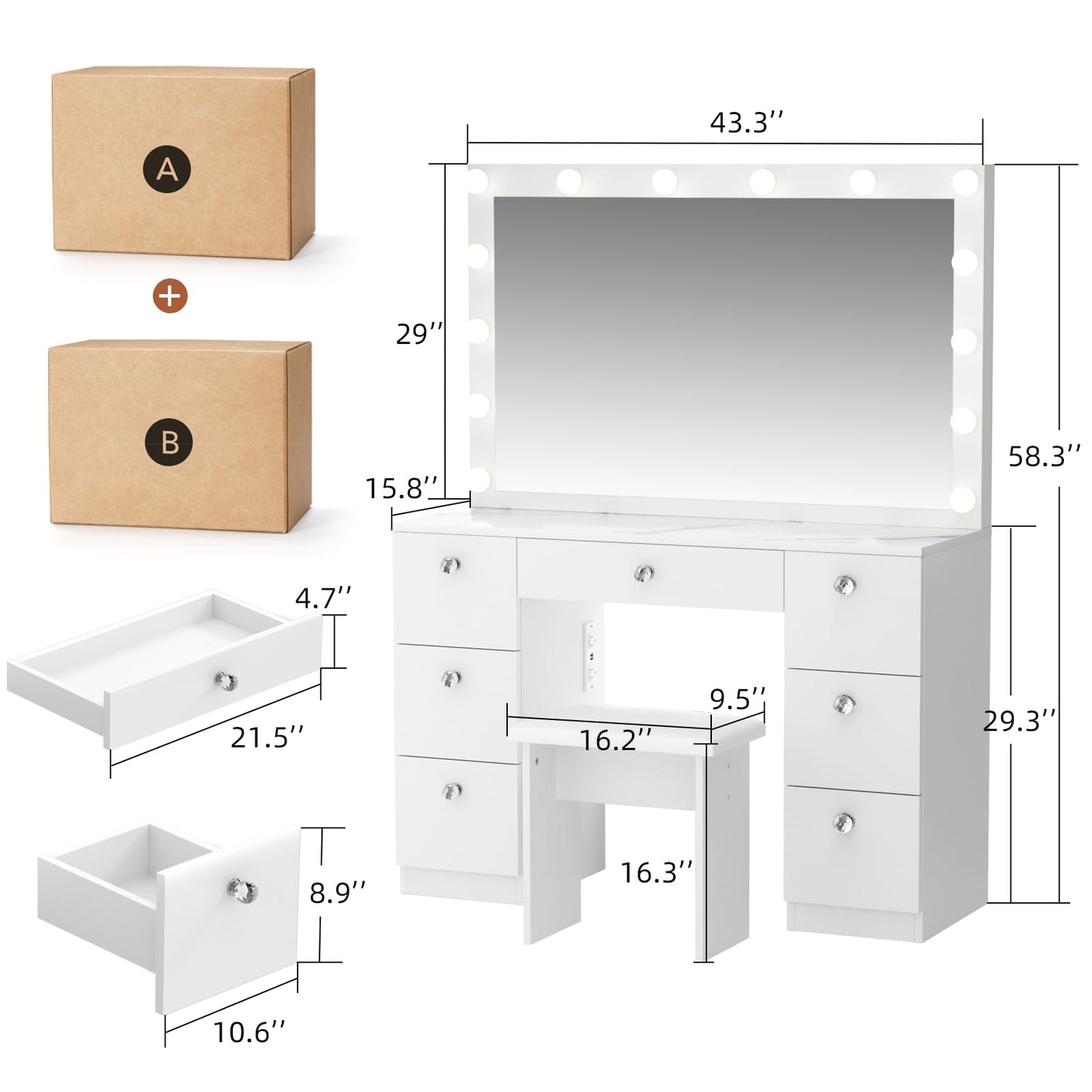 SMOOL Vanity with Lighted Mirror, Makeup Vanity Desk with Power Outlet and LED Bulbs, 3 Color Lighting Modes Adjustable Brightness, 7 Drawers Vanity Table with Cushioned Stool for Bedroom, Ma - WoodArtSupply