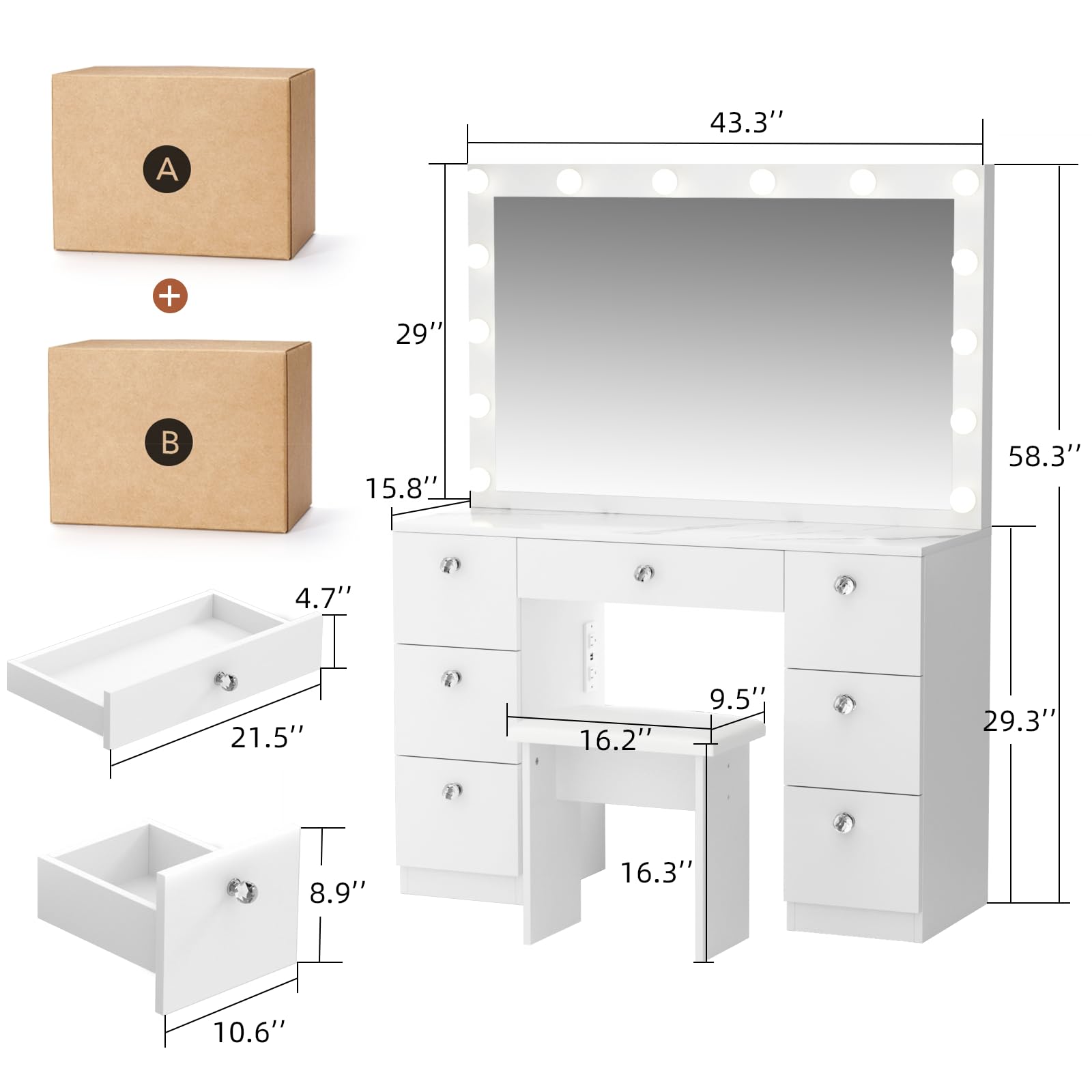 SMOOL Vanity with Lighted Mirror, Makeup Vanity Desk with Power Outlet and LED Bulbs, 3 Color Lighting Modes Adjustable Brightness, 7 Drawers Vanity Table with Cushioned Stool for Bedroom, Ma - WoodArtSupply