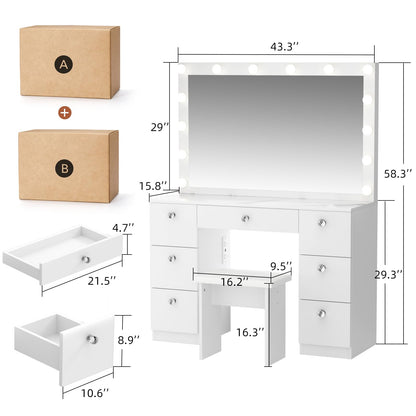 SMOOL Vanity with Lighted Mirror, Makeup Vanity Desk with Power Outlet and LED Bulbs, 3 Color Lighting Modes Adjustable Brightness, 7 Drawers Vanity Table with Cushioned Stool for Bedroom, Ma - WoodArtSupply