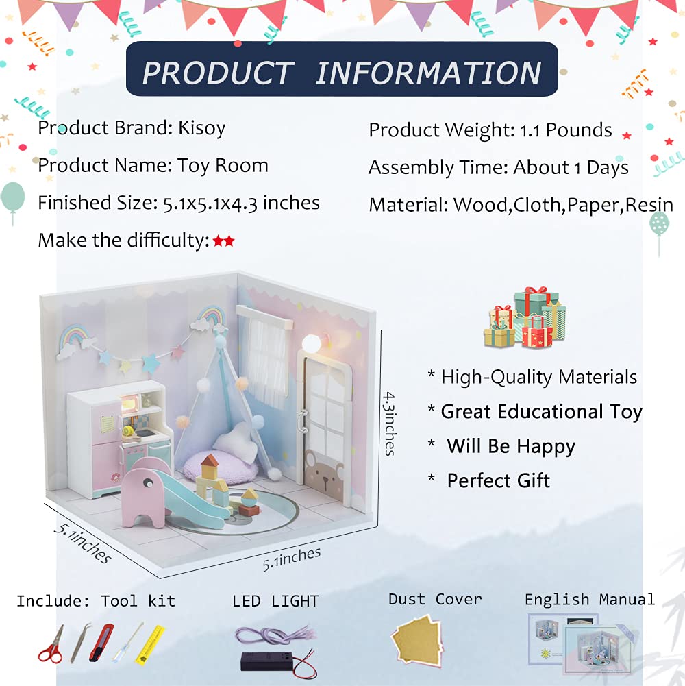 Kisoy Dollhouse Miniature with Furniture Kit, DIY 3D Wooden DIY House Kit A Corner of a Small Apartment Style with Dust Cover & LED,Handmade Tiny House Toys for Kids Adults Gift (Toy Room) Kisoy