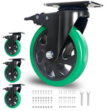5 Inch Caster Wheels, Casters Set of 4 Heavy Duty, BZOLIHEU Locking Casters, Silent Top Plate Swivel Casters with Brake, Polyurethane Castor Wheels for Furniture and Workbench Cart, Green BZOLIHEU