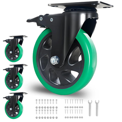 5 Inch Caster Wheels, Casters Set of 4 Heavy Duty, BZOLIHEU Locking Casters, Silent Top Plate Swivel Casters with Brake, Polyurethane Castor Wheels for Furniture and Workbench Cart, Green