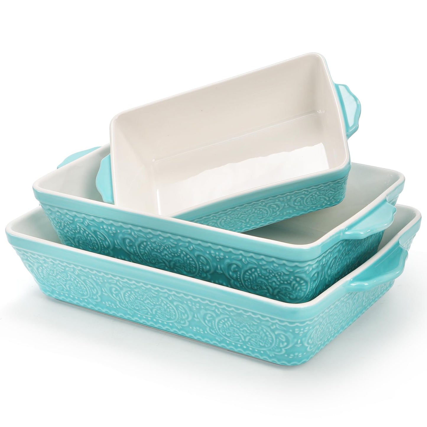 SOUJOY Set of 3 Porcelain Bakeware Set, Casserole Dishes for Oven, Rectangular Baking Dishes with Handles, Lasagna Pan for Cooking, Kitchen, Cake Dinner, Wedding Gift, Banquet and Daily Use