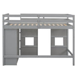 Merax Wood Loft Bed Twin Size with Storage Wardrobe, 2 Windows Design, for Teens, Boys & Girls, Grey Merax