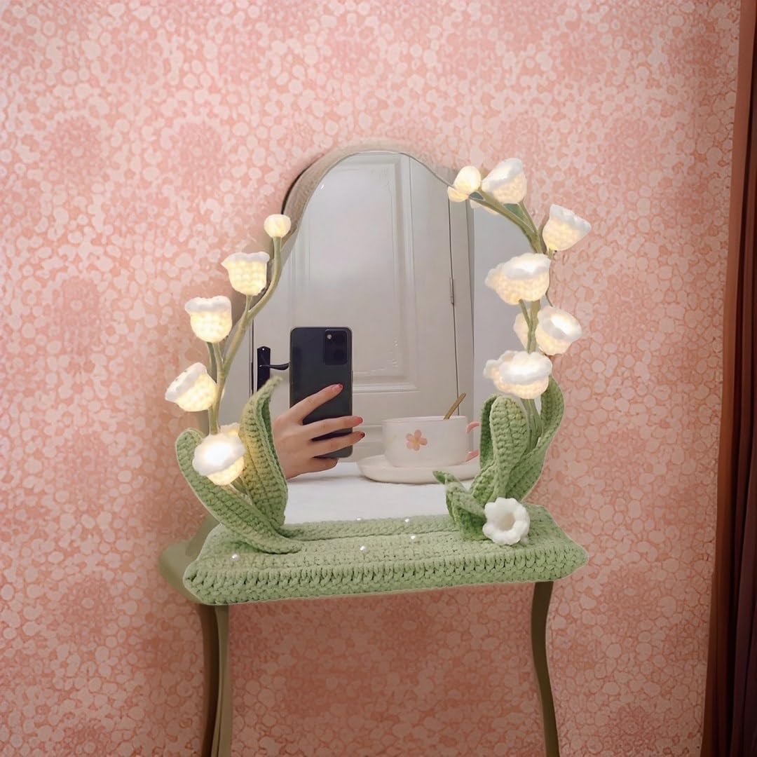 kasthamandap wooden Makeup Vanity Mirror with led Light, Handcrafted Crochet Flower Accent for Room Decoration - WoodArtSupply