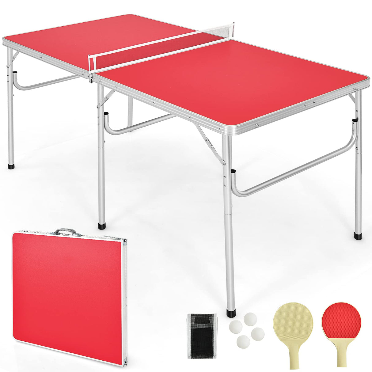 Goplus Foldable Ping Pong Table, 100% Preassembled, Portable Table Tennis Table Game Set with Net, 2 Table Tennis Paddles and Ping Pong Balls for Indoor Outdoor Use (Red-60'') Goplus