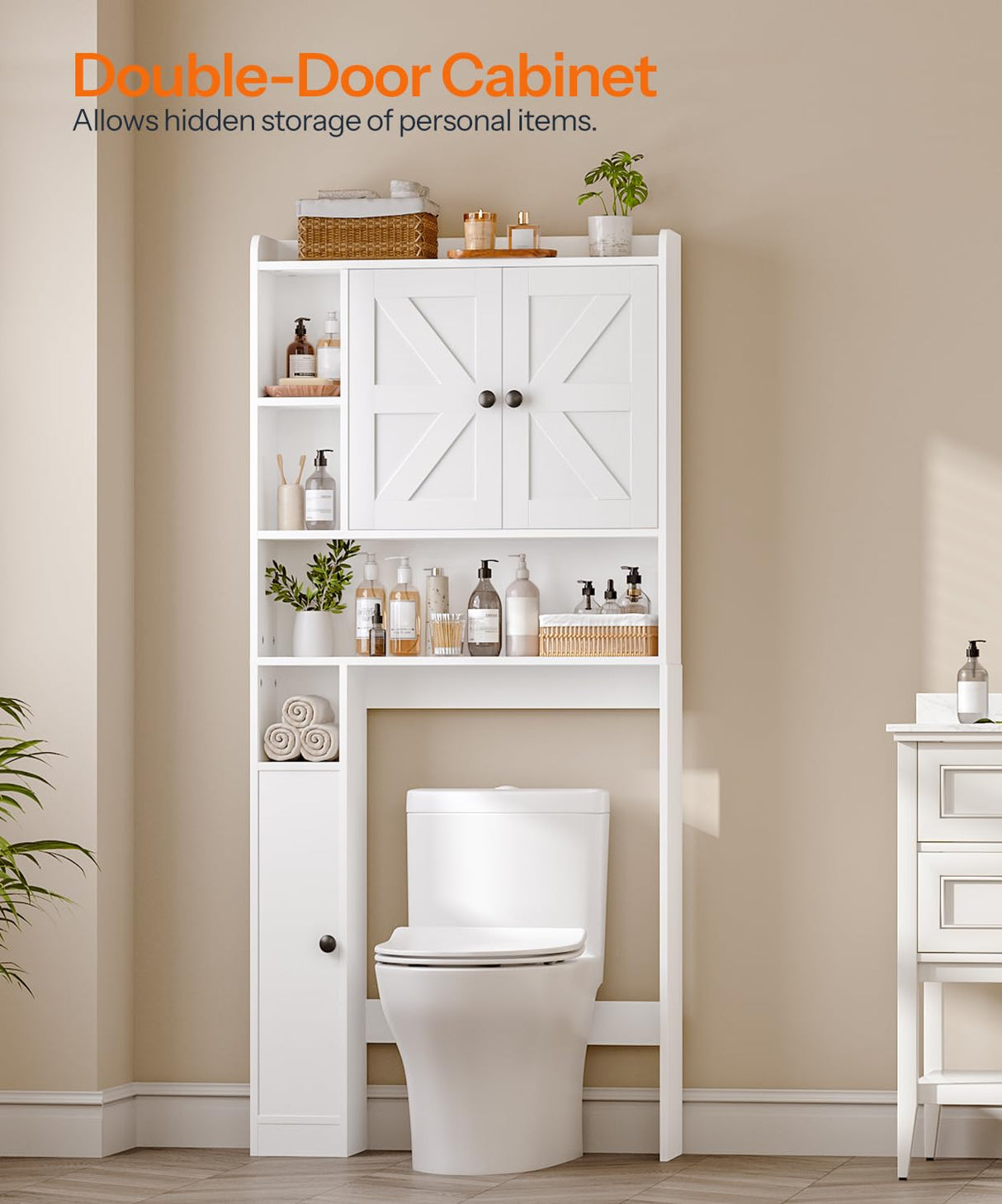 HOOBRO Over The Toilet Storage Cabinet, Farmhouse Over Toilet Bathroom Organizer with Doors and Adjustable Shelves, 31.5" W x 7.5" Dx 66.7" H, Space-Saving for Bathroom, Laundry, White WT80TS01N1 HOOBRO