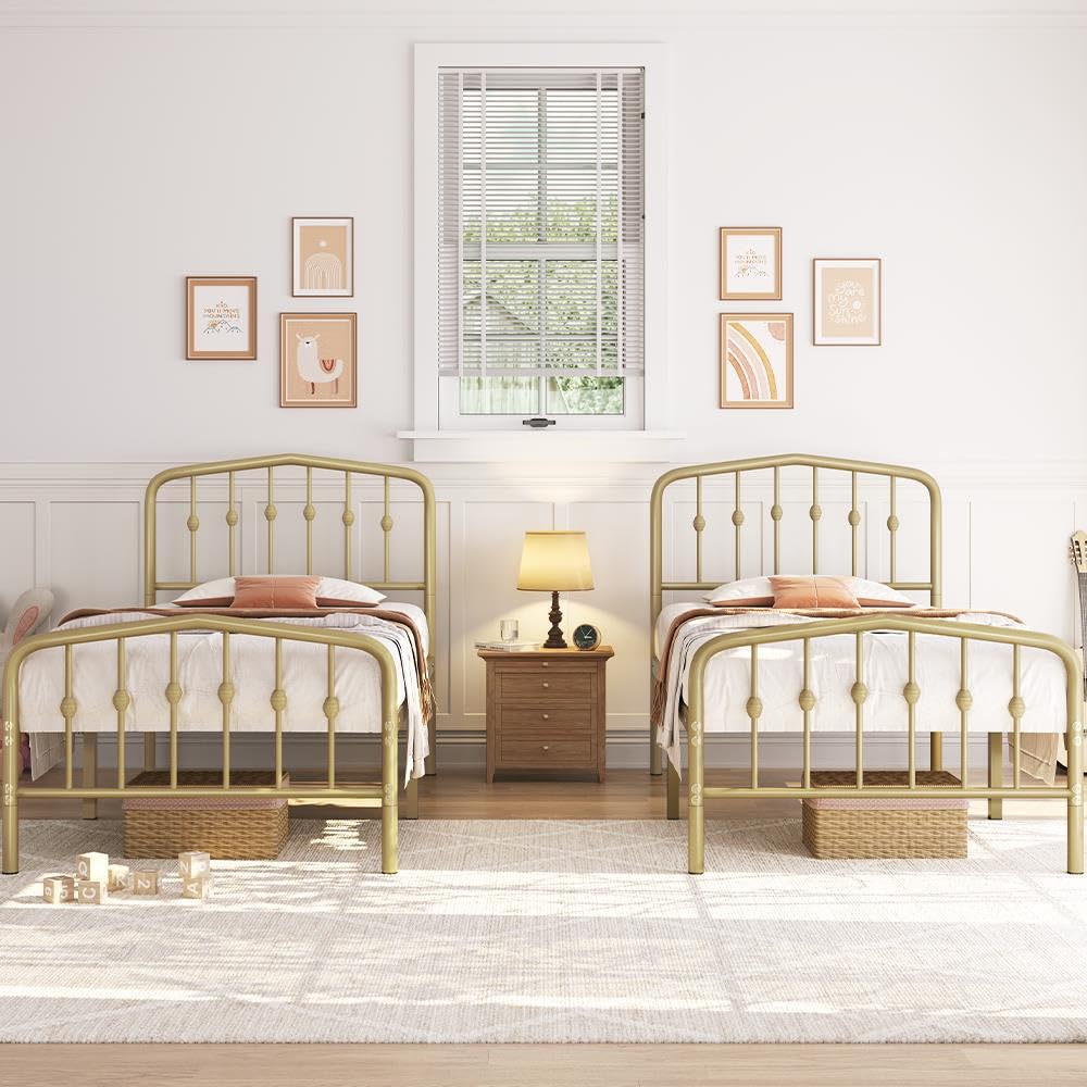 Yaheetech Twin Bed Frames Metal Platform Bed with Victorian Style Wrought Iron Headboard and Footboard/Easy Assembly/No Box Spring Needed/Antique Gold Twin Bed Yaheetech