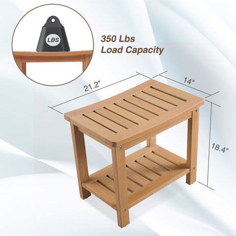 Psilvam Poly Lumber Shower Bench, Shower Stool with Storage Shelf, Water Resistant & Non-Slip Design Shower Seat for Bathroom, Living Room, Bedroom 21 1/4"×14"×18 1/2"（Teak Color） Psilvam