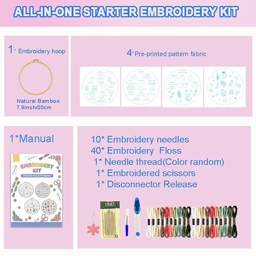 Sutesloly Hand Embroidery Kit for Beginners Adults, 4 Sets Learn to Floral Patterns Simple Starter kit for Beginners, Easy Practice Kit, 7.8inch Hoop, DIY Craft Gift for Women, Pink and Blue