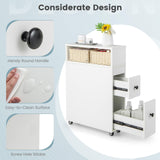 Tangkula Compact White Bathroom Storage Cabinet with Drawers and Rattan Baskets on Wheels Tangkula