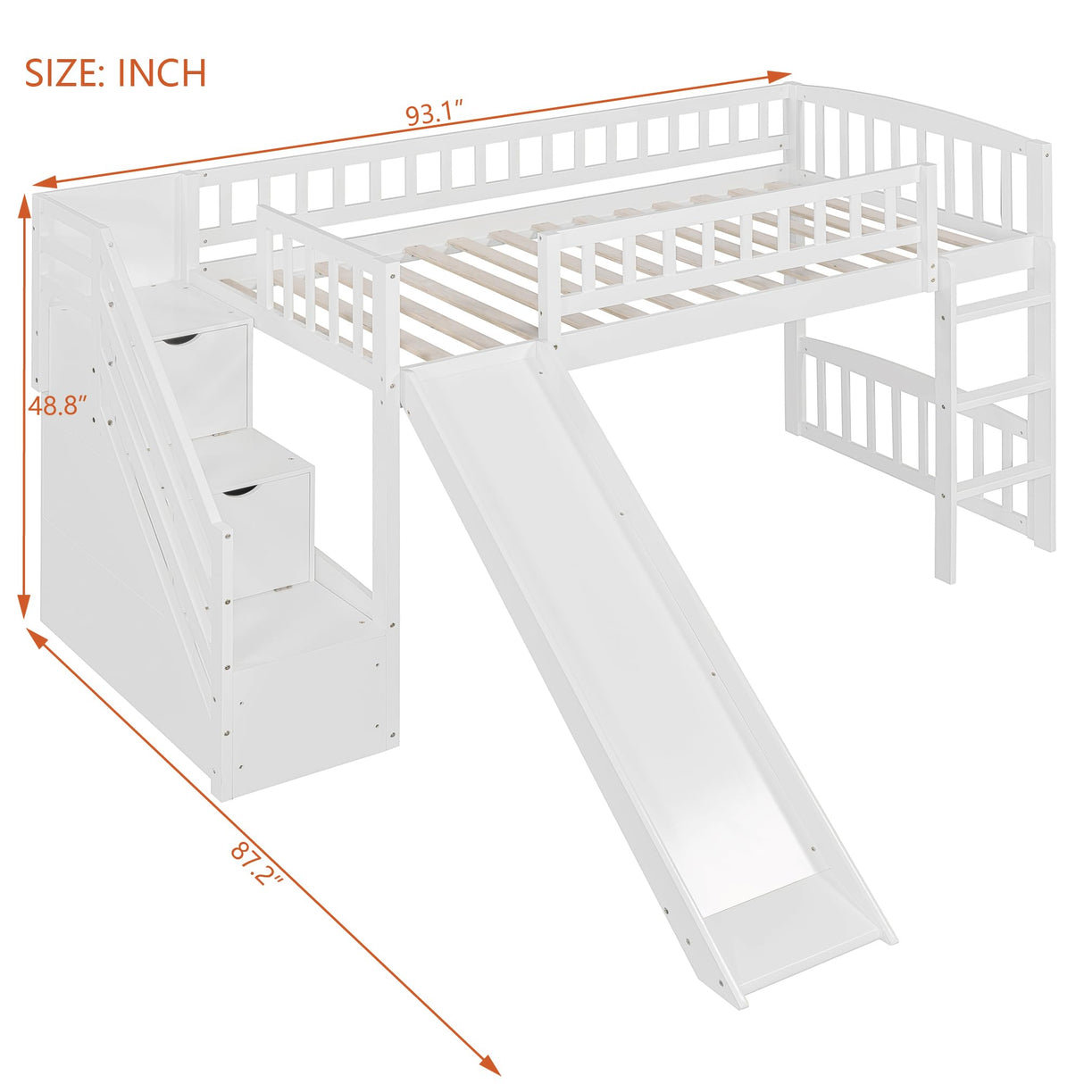Twin Size Loft Bed Frame with Slide and Stairs for Kids,Twin Size Low Loft Bed with Slide and Drawers,Wood Kids Loft Bed Frame for Boys Girls Teens,White Bellemave