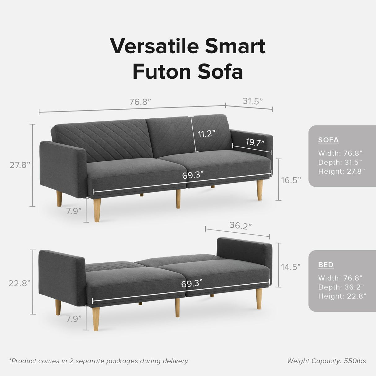 mopio Futon Sofa Bed, Couch, Small Sofa, Sleeper Sofa, Loveseat, Mid Century Modern Futon Couch, Sofa Cama, Couches for Living Room (Dark Gray Fabric) mopio