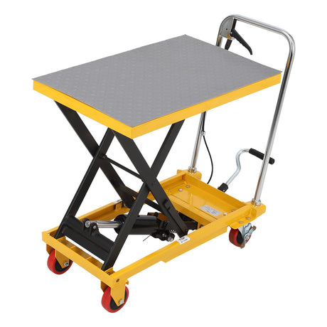 Hydraulic Lift Table Cart - 330 lbs Capacity, Adjustable Up to 28.5" Lifting Height, Manual Single Scissor Lift Table with 4 Wheels & 3mm Non-Slip Pads for Safe Material Handling & Transport - Yellow Acekool