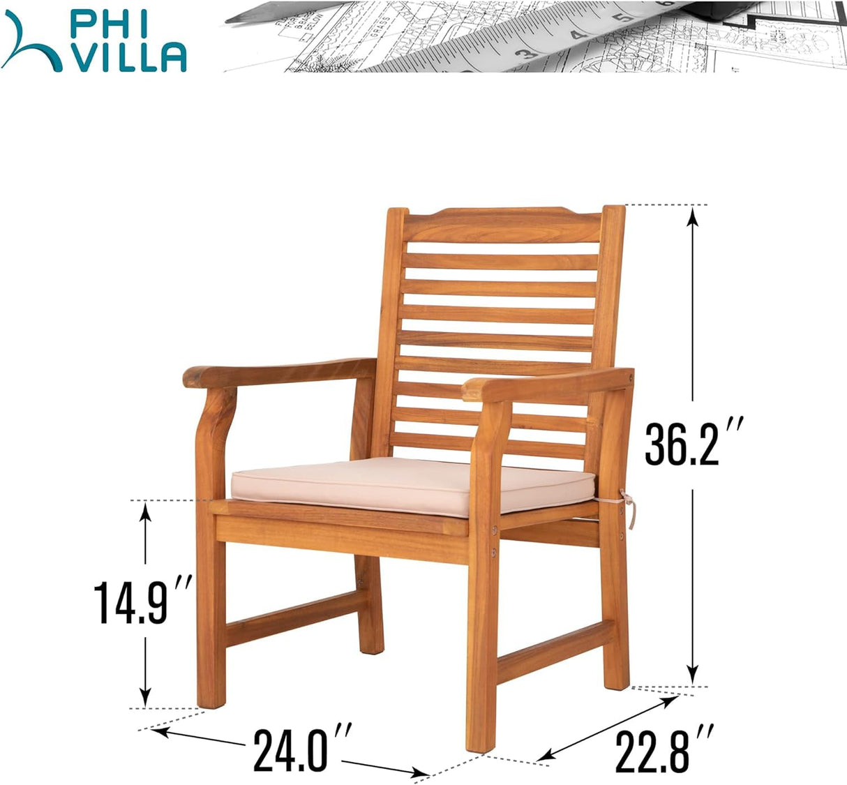 PHI VILLA 2 Pieces Acacia Wood Outdoor Dining Chairs with Cushions, Patio Oil Finished Wooden Armchairs Set of 2, Natural Teak Dining Chairs for Deck, Yard, Porch PHI VILLA