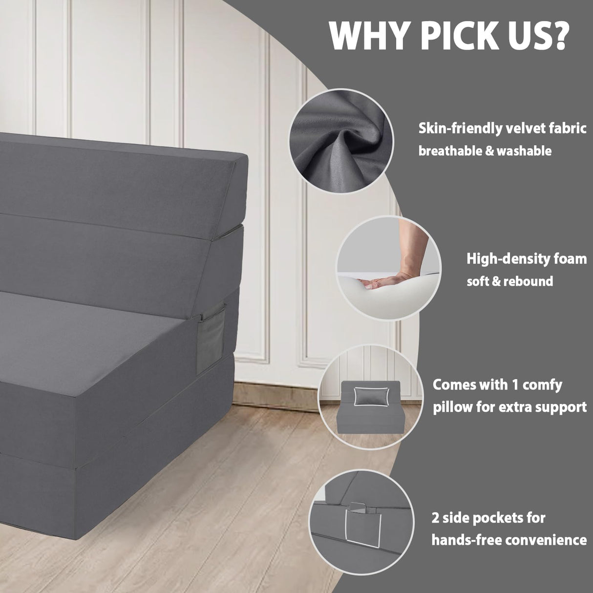 Youtanic 5 in 1 Folding Sofa Bed, Twin Size Convertible Sleeper Chair with Pillow, Memory Foam Futon Couch, Velvet Fabric Washable Mattress for Living Room, Dorm, Guest, Office, Apartment, Dark Gray Youtanic