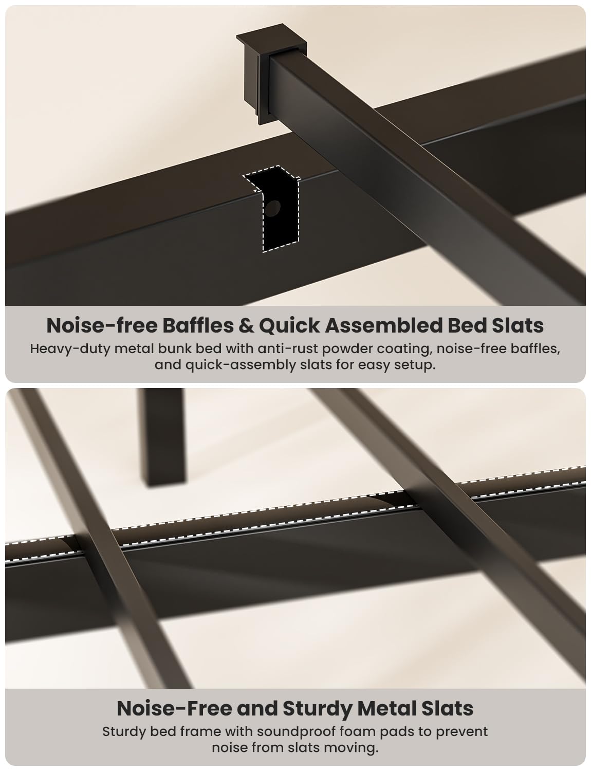 Feetice Twin XL Over Queen Bunk Bed for Adults, Heavy Duty Metal Bunk Beds with Safety Guardrails & EVA Padded Ladder, Twin XL Over Queen Bunk Beds Frame with Noise-Free Slats, Space-Saving(Black) Feetice