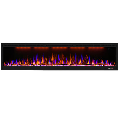 Dreamflame Electric Fireplace 74 inch, Recessed Wall Mounted Fireplace Heater, Logs & Crystal, Multicolor Flame Combinations, Overheating Protection, Black (74")