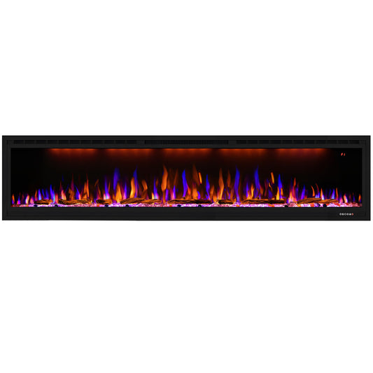 Dreamflame Electric Fireplace 74 inch, Recessed Wall Mounted Fireplace Heater, Logs & Crystal, Multicolor Flame Combinations, Overheating Protection, Black (74")