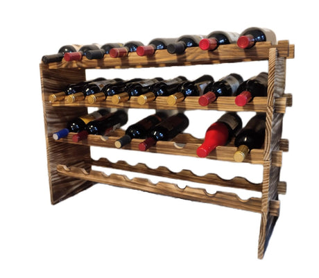 LoongZDD Carbonized Pine Wood Wine Rack - 4-Tier Stackable Wine Storage, Holds 32 Bottles, Modular Wine Organizer for Home Bar, Kitchen, Living Room LoongZDD