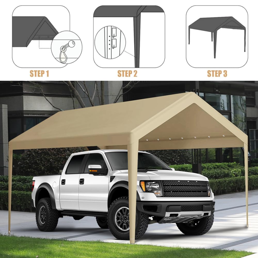 Rutile 10 x 20 FT Carport Replacement Cover, Heavy Duty Car Tarp Canopy Tent Garage Top Shelter Cover with Fabric Leg Pole Skirts and Ball Bungees Beige (Only Top Cover, Frame is not Included) Rutile