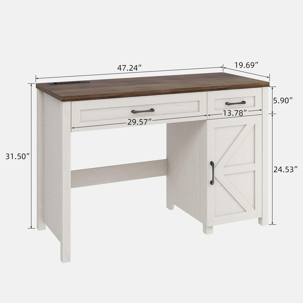Farmhouse 47" Executive Desk, Computer Desk with Drawers and Storage Cabinet, Workstation Computer Desk for Home Office and Study, Unique White Vabches