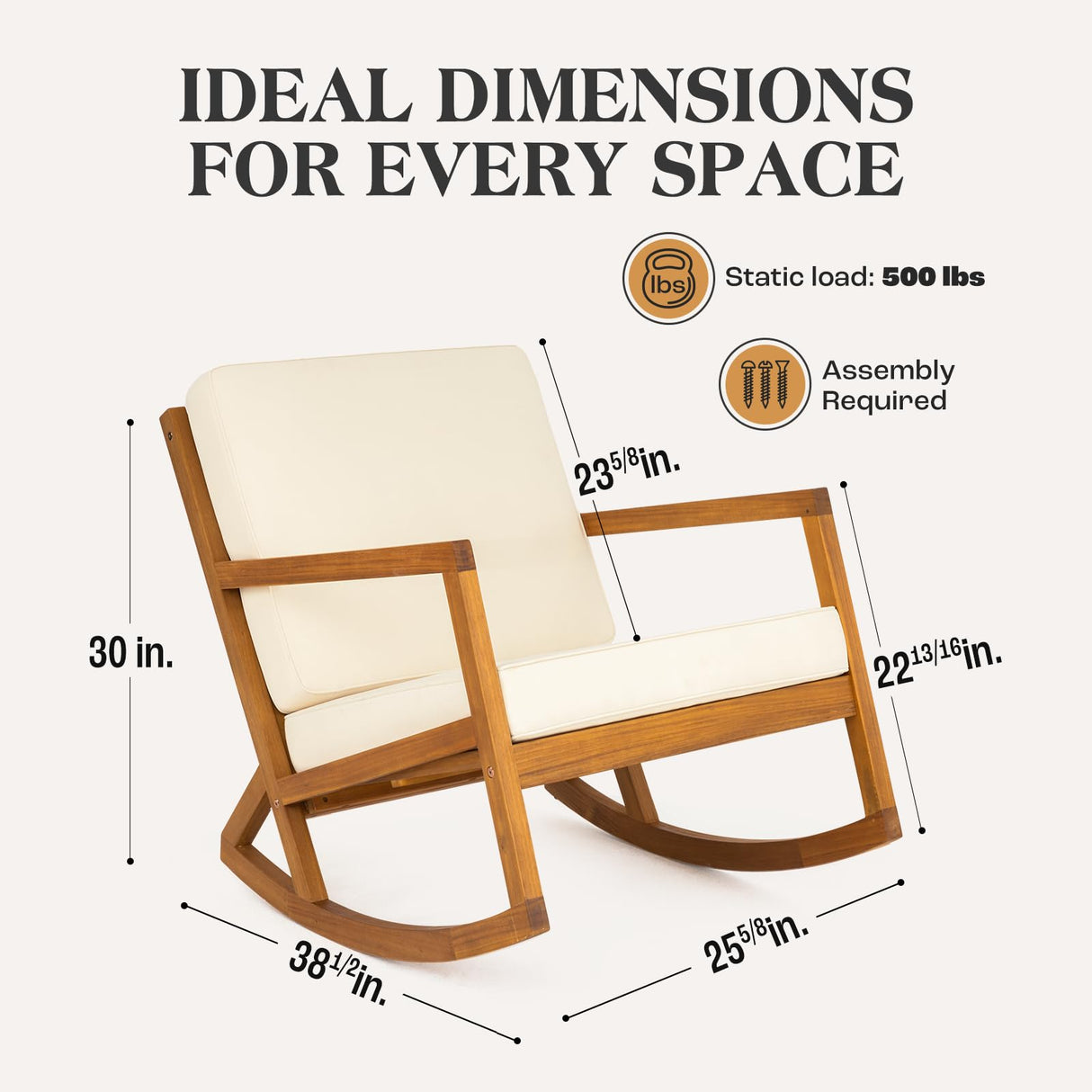 IDZO Premium Club Rocking Chair 500lbs Capacity with Inclined Backrest, Thick Foam, Solid Acacia Wood Rocker for Patio, Backyard, Balcony, Porch, Beige - 2 Cushions IDZO