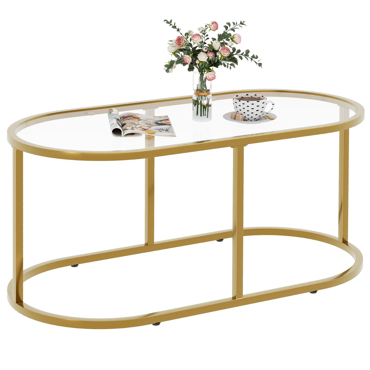 Coffee Table Gold Glass Coffee Tables for Living Room, Oval Table Center Table with Sturdy Metal Frame,Modern Tempered Glass Accent Tables for Bedroom Home Office Wolawu