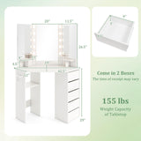 CHARMAID Corner Vanity Desk with Mirror and Lights, White Makeup Vanity Table with 5 Drawers, Storage Shelves, Charging Station, 3 Lighting Modes, Compact Vanity Dressing Table for Small Space CHARMAID