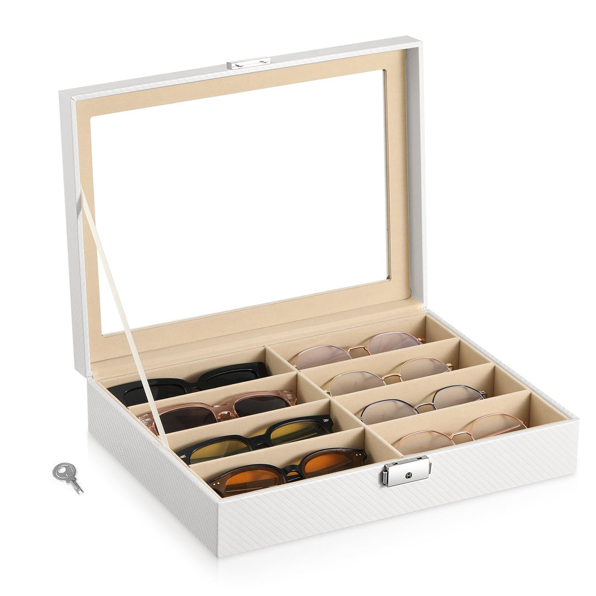 MoKo Sunglasses Organizer with 8 Slots, Leather Sunglass Display Collection Holder Case with Drawer Clear Glass Lid, Lockable Eyeglass Glass Jewelry Watch Storage Box for Women Men, White MoKo