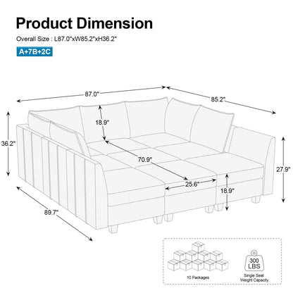 Belffin Large Modular Sectional Sofa Sleeper Sectional Couch with Storage Chenille Sectional Sofa Bed for Living Room, 9 Seats, Beige