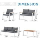 JOIVI Aluminum Patio Furniture Set 5 Pieces Outdoor Conversation Set with Teak Coffee Table & Cushion, Outdoor Patio Furniture Sectional Patio Sofa Outside Furniture for Deck, Backyard, White JOIVI