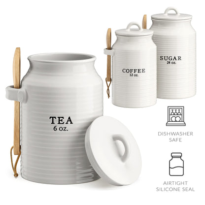 Barnyard Designs Canister Set for Kitchen Counter, Coffee Tea Sugar Container Ceramic Set, Decorative Canisters, Rustic Farmhouse Canister Jars, White (Coffee/Sugar/Tea)