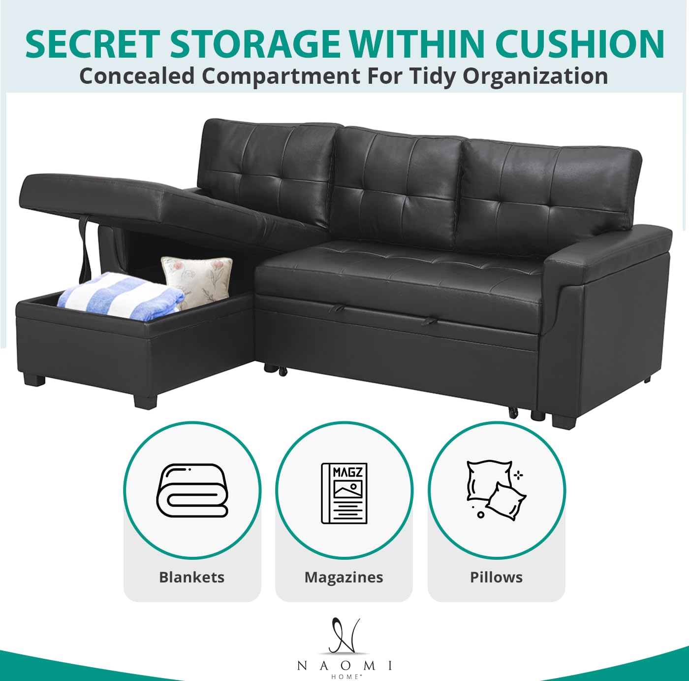 Naomi Home Jenny Sectional Sofa Sleeper with Storage Chaise, Tufted Pull Out Couch with Storage, Sectional Sofa Bed, L-Shaped Reversible Sleeper Sofa with Storage, Black,Air Leather