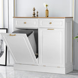 Anbuy Double Kitchen Trash Cabinets Dual Tilt Out Cabinet with Two Wood Hideaway Holder Drawers, Free Standing Recycling Trash Can Holder (Upgrade White) Anbuy