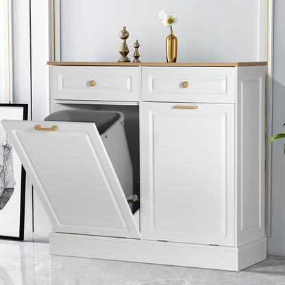 Anbuy Double Kitchen Trash Cabinets Dual Tilt Out Cabinet with Two Wood Hideaway Holder Drawers, Free Standing Recycling Trash Can Holder (Upgrade White) - WoodArtSupply