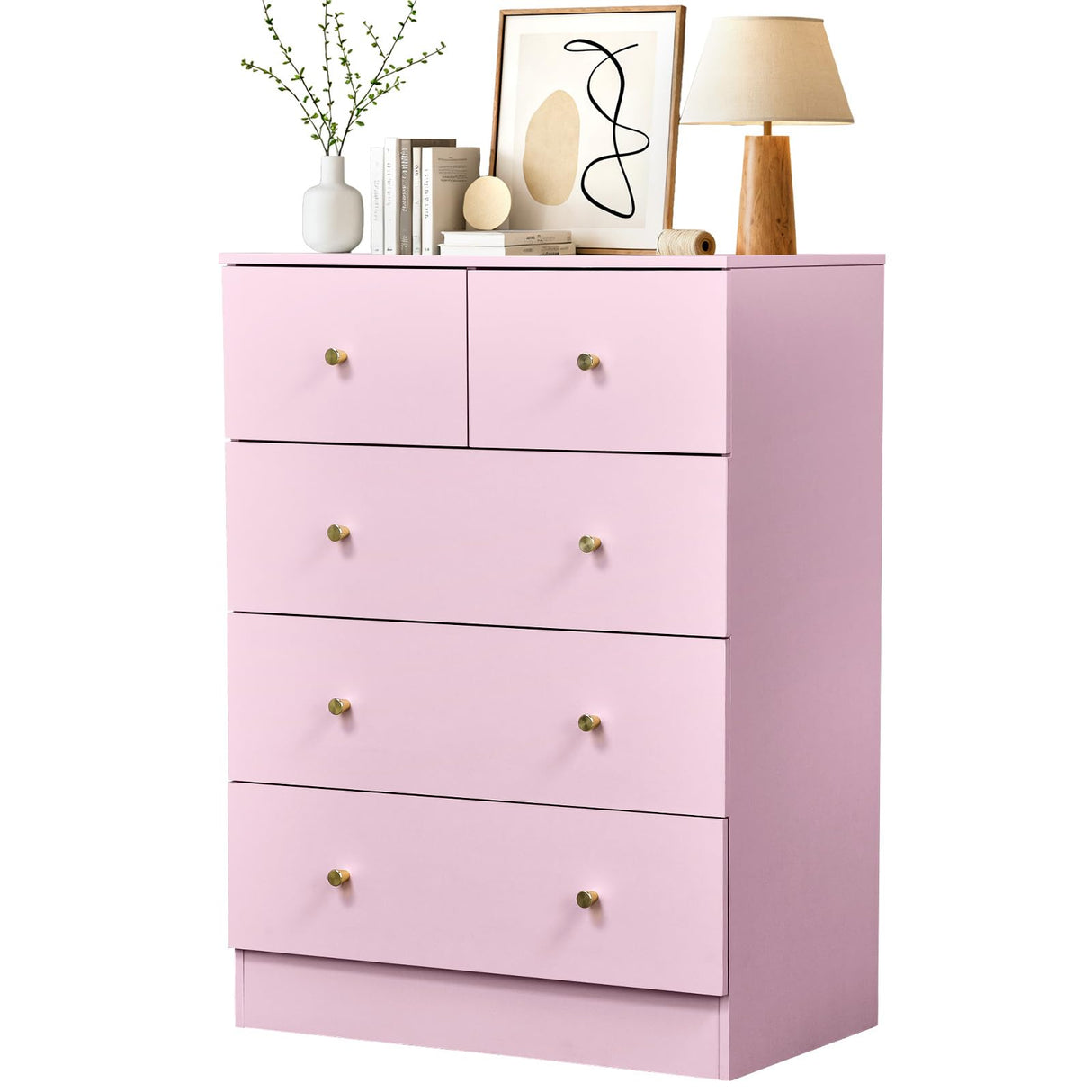 Karl home Dresser for Bedroom, Modern Wood Dresser Chest of Drawers, Bedroom Dressers Nightstand, Anti-Tipping Device, Rose Gold Metal Handle, Living Room, Hallway, Office (Pink-5 Drawer) Karl home