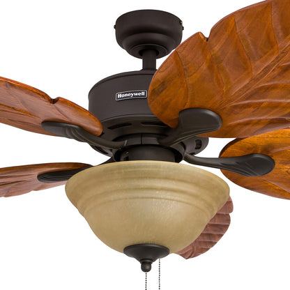 Honeywell Ceiling Fans Royal Palm, 52 Inch Tropical LED Ceiling Fan with Light, Pull Chain, Three Mounting Options, Hand Carved Solid Wood Blades - 50204-01 (Bronze) - WoodArtSupply