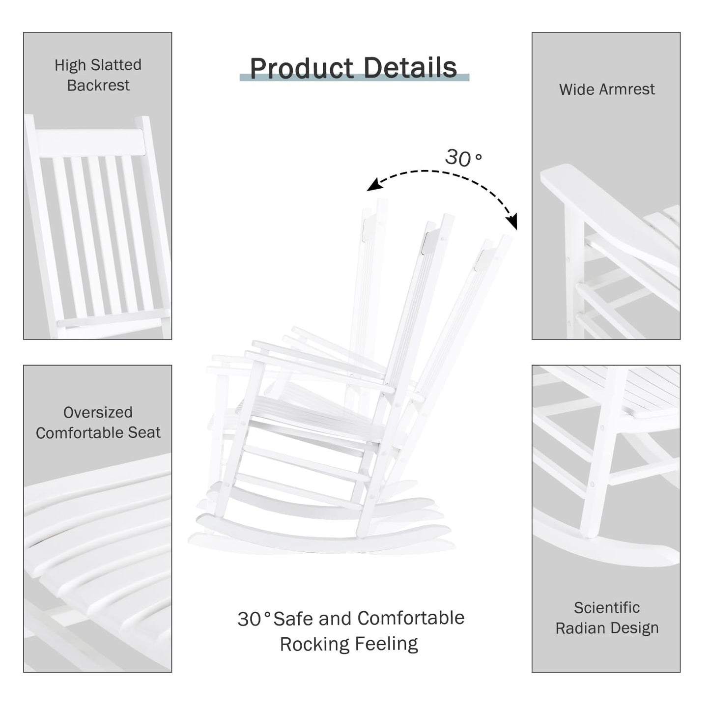 MAMIZO Wooden Rocking Chair Outdoor with High Back,Rocking Chair Indoor Oversized Easy to Assemble for Garden,Lawn, Balcony, Backyard,Porch,Wooden Rocking Chair,Porch Rocker（White）