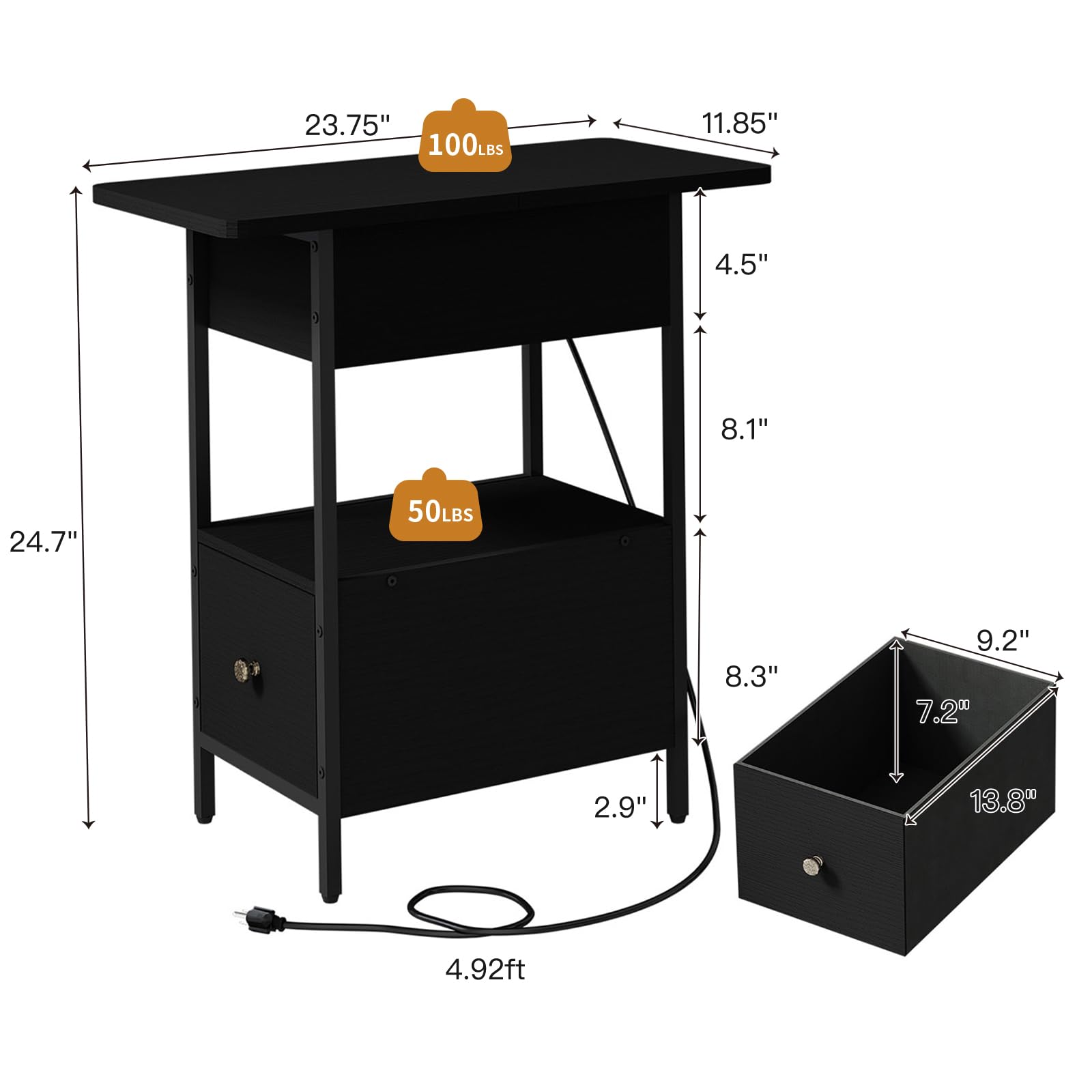 SOOWERY End Table with Charging Station, Narrow Side Table with Flip Top Cabinet and Fabric Drawer, Nightstand Bedside Tables for Small Spaces, Bedroom, Living Room, Black - WoodArtSupply