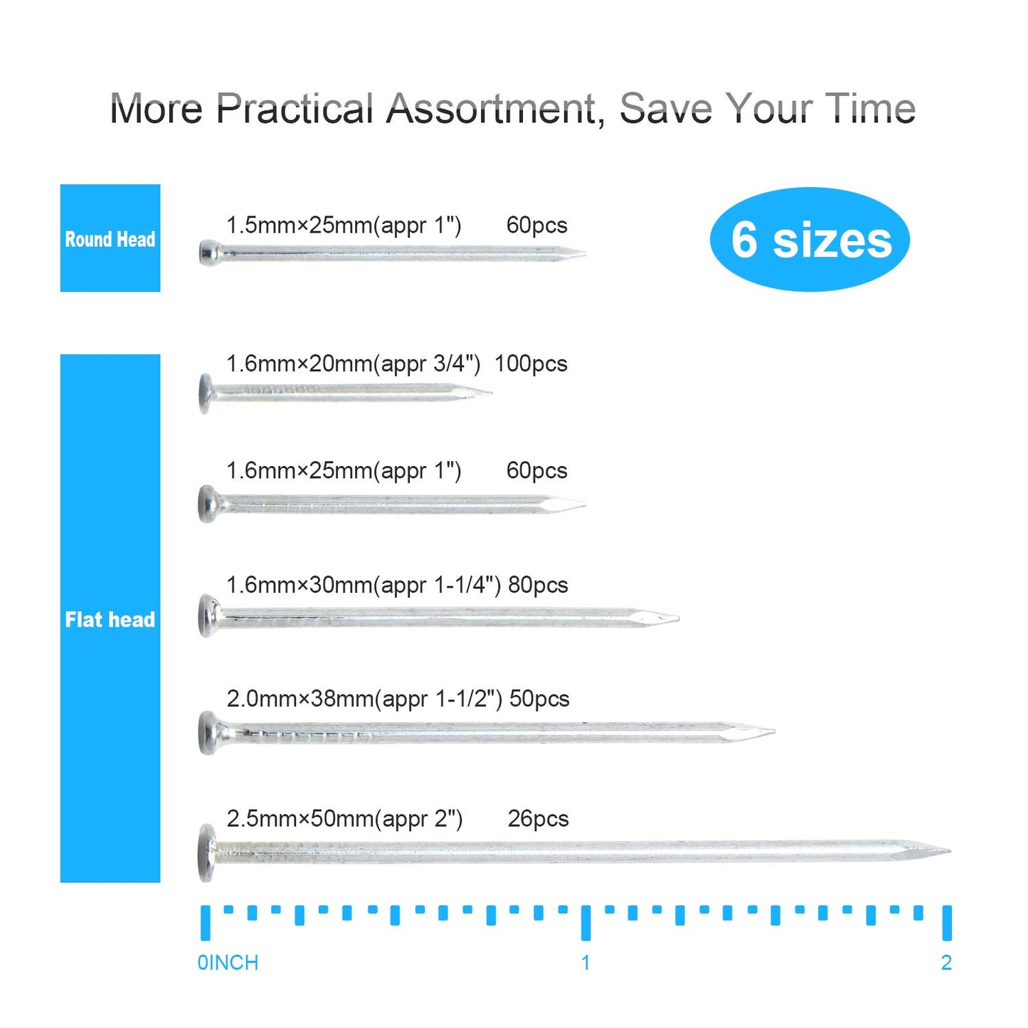376pcs Premium Hardware Nails Assortment Kit, Maximum Length 2 Inches Galvanized Nails, Picture Hanging Nails, Wood Nails, Wall Nails with Storage Box | 6 Sizes - WoodArtSupply