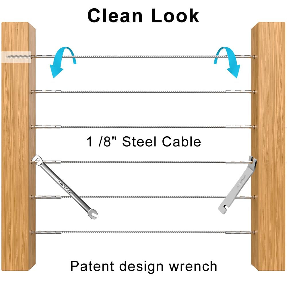 Steel DN Mate 70 Pack T316 Stainless Steel Right&Left Handed Thread Swage Lag Screws for Wood Post of 1/8" Steel Cable Railing Kit, Cable Railing Hardware, DIY Wood Baluster, Wrench Included DM35 Steel DN Mate