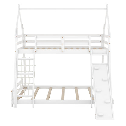 Merax Twin over Queen Solid Wood Bunk Bed with Climbing Ramp and Nets in White - WoodArtSupply