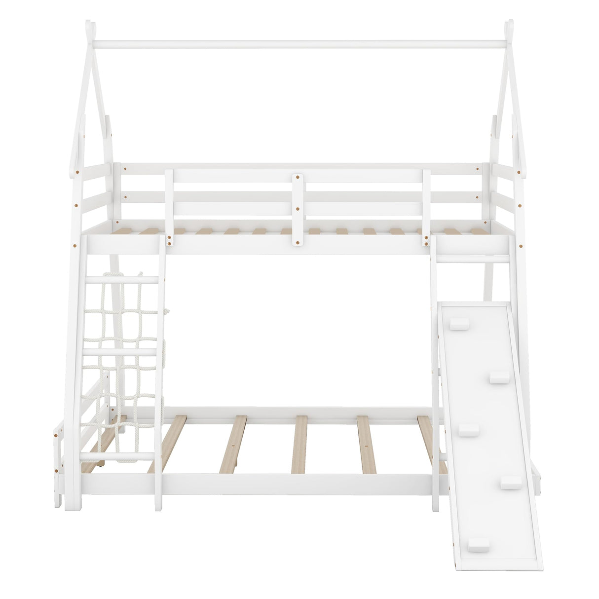 Merax Twin Over Queen House Bunk Bed Frame Solid Wood with Climbing Nets and Climbing Ramp for Boys Girls,Playroom,White Merax